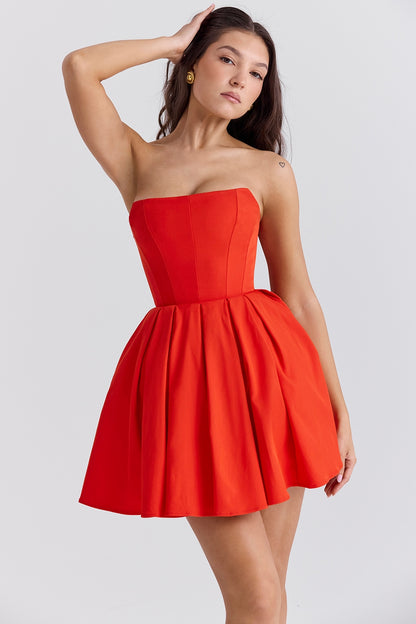 TOMATO STRAPLESS PLEATED MINI DRESS