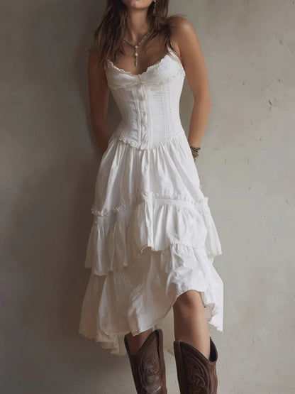 white renee Corset Tiered Midi Dress With Lace-Trim