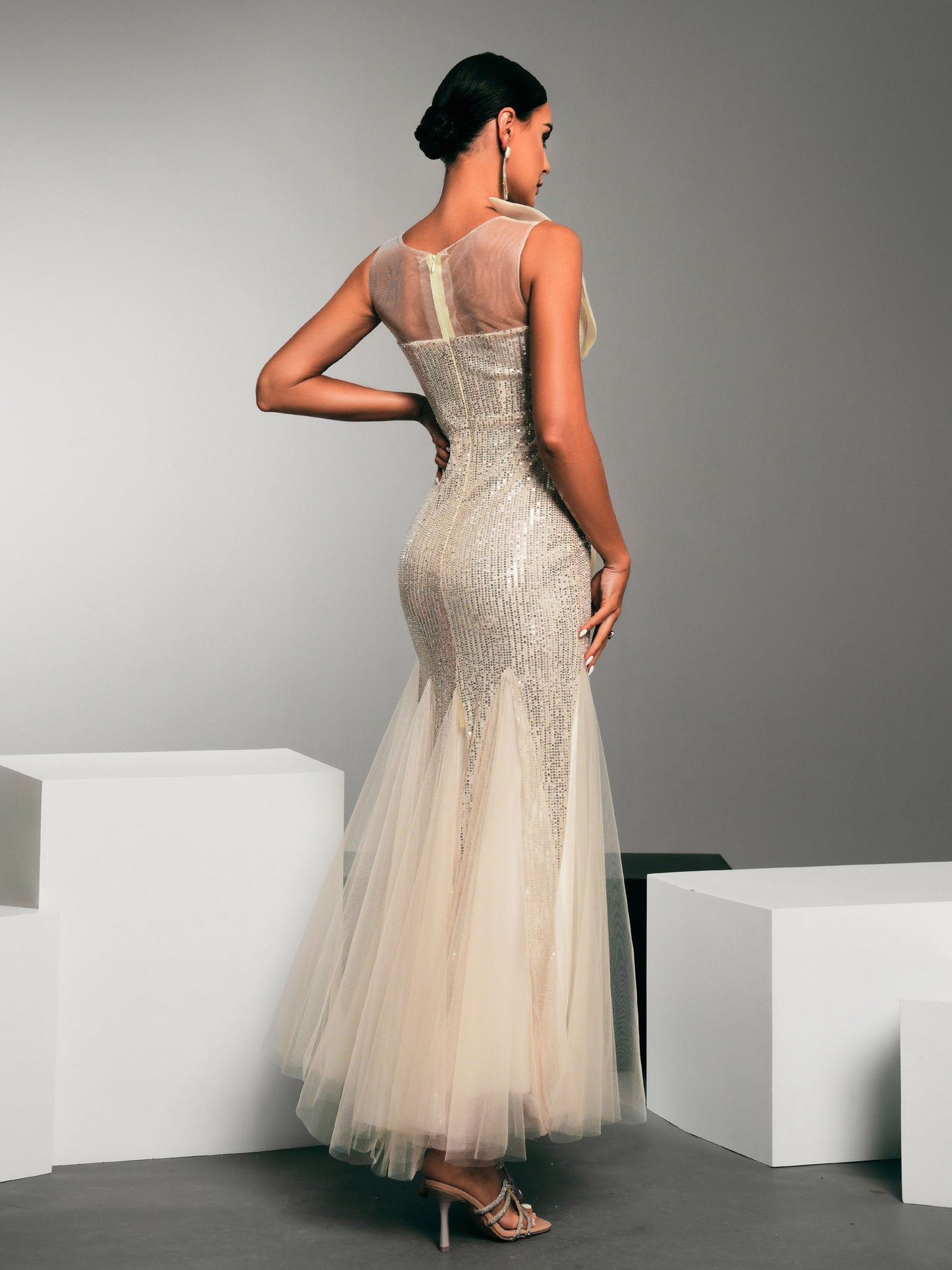 Bow Knot Sequin Panel Tulle Mermaid Dress