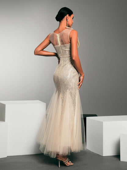 Bow Knot Sequin Panel Tulle Mermaid Dress