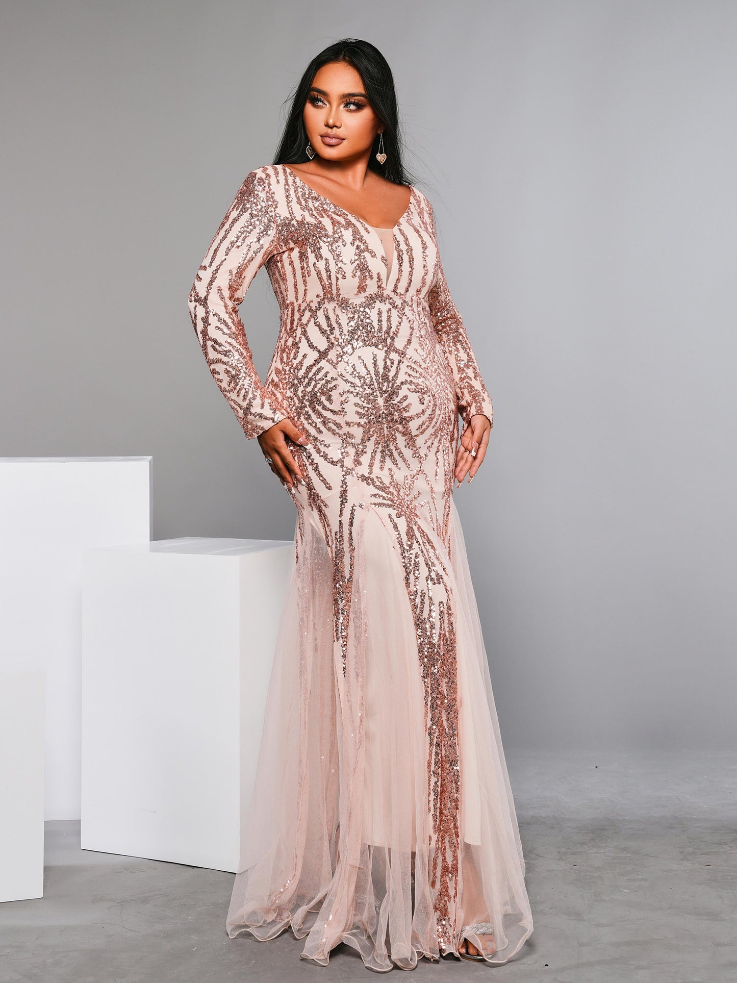 Plus Long Sleeve Sequin Prom Dress