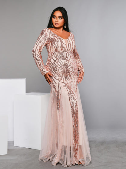Plus Long Sleeve Sequin Prom Dress
