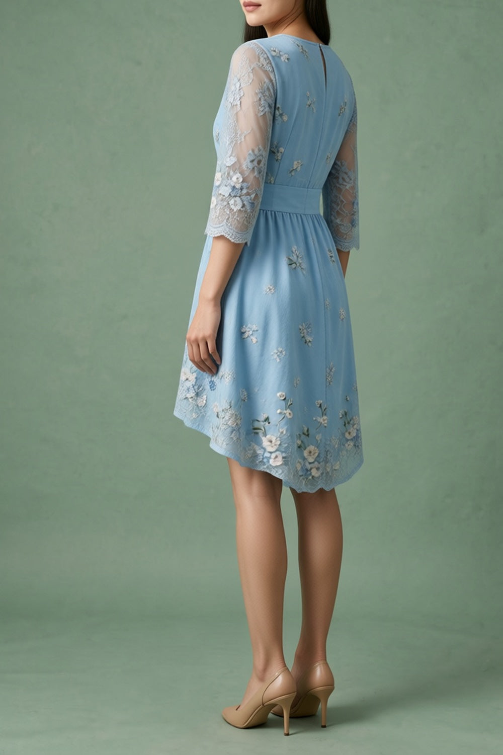 Light Blue Floral Embroidered Dress with Lace Sleeves warm sand breathable viscose crepe or linen blend Two-Piece Set - product view 4