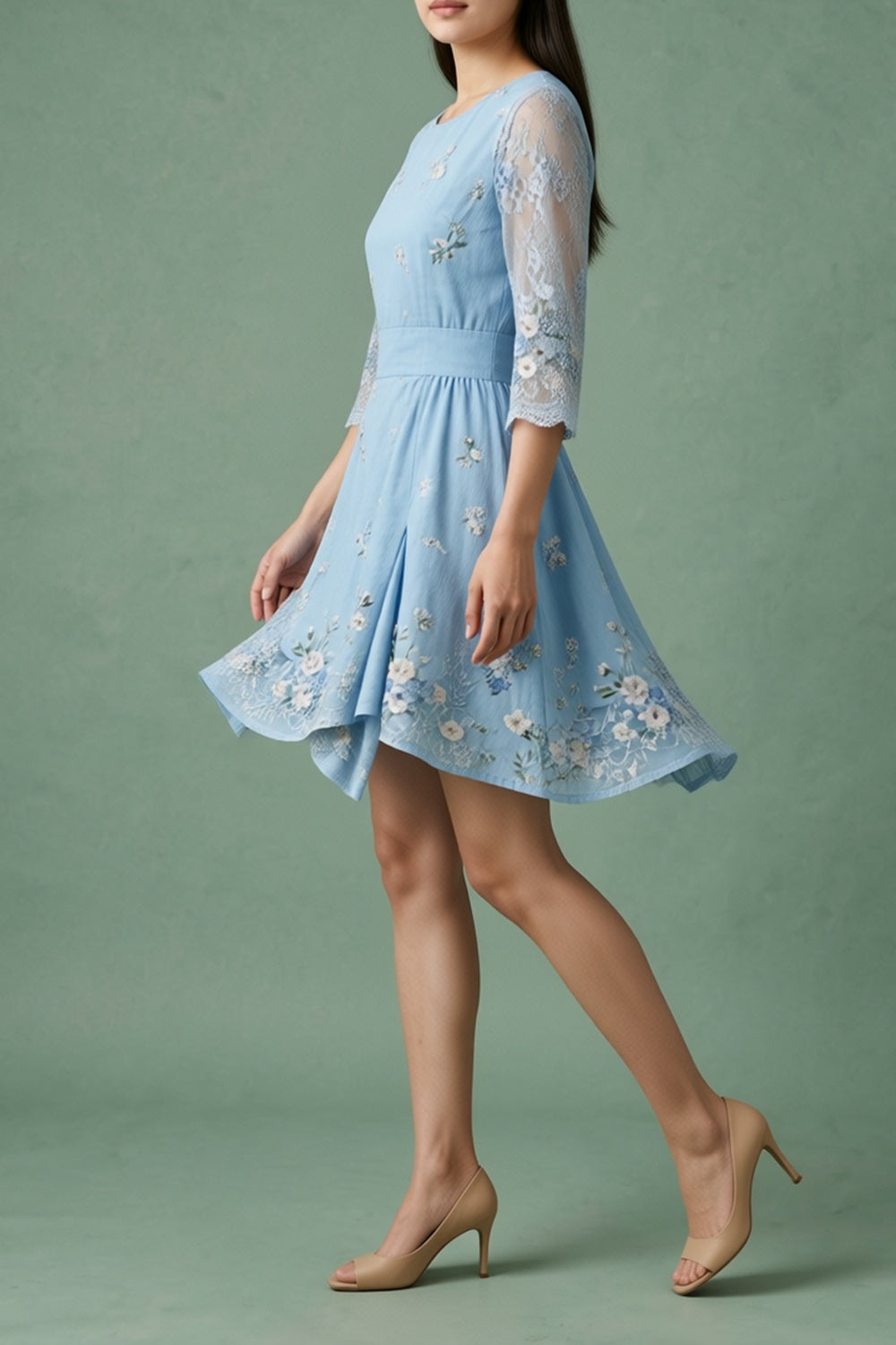 Light Blue Floral Embroidered Dress with Lace Sleeves warm sand breathable viscose crepe or linen blend Two-Piece Set - product view 3