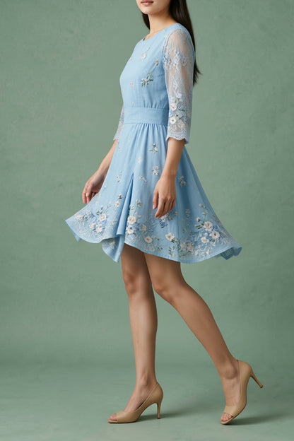 Light Blue Floral Embroidered Dress with Lace Sleeves warm sand breathable viscose crepe or linen blend Two-Piece Set - product view 3