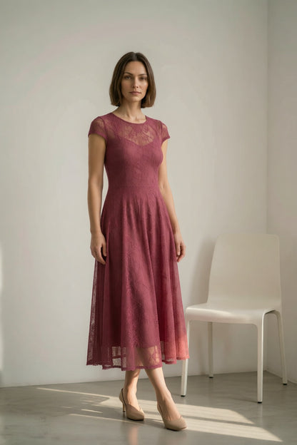 Dusty Rose Hollow Floral Lace Round Neck Cap Sleeve Built-In Slip Flared A-Line Midi Dress