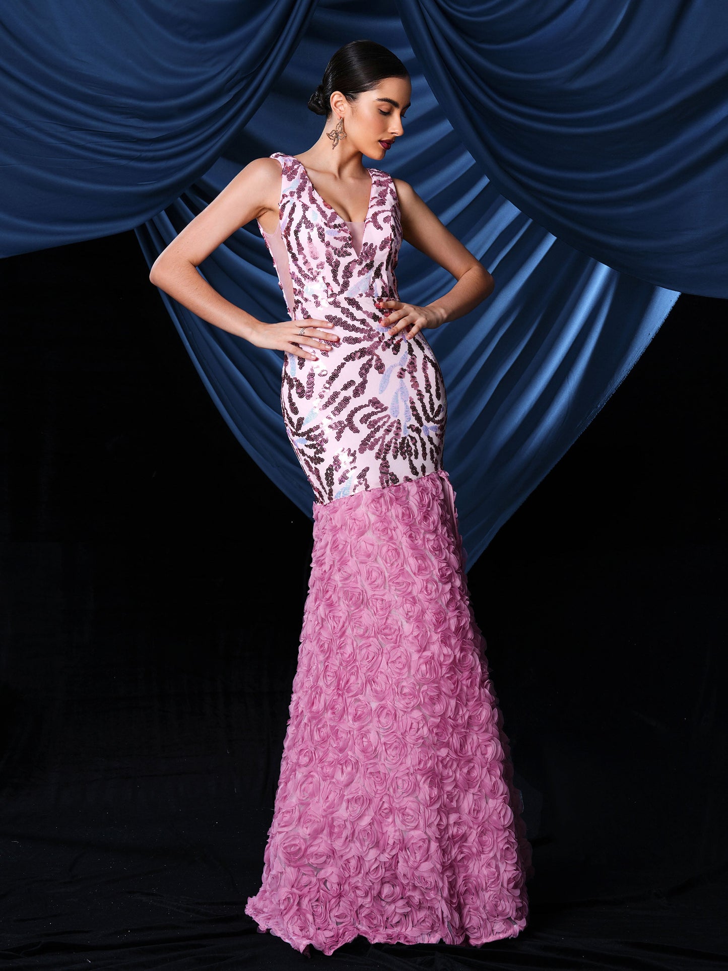 Floral Split Hem Sequin Panel Tulle Dress