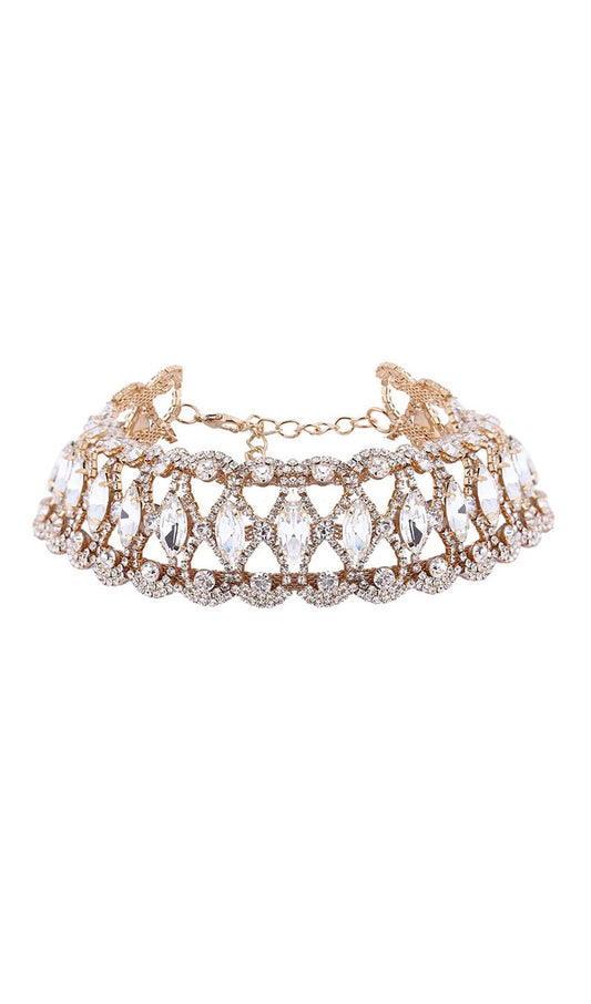 Scalloped Rhinestone Embellished Choker Necklace - Gold