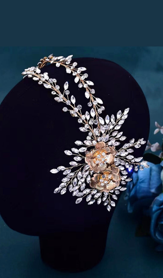 Delicate Floral Rhinestone Embellished Layered Headband Vine - Gold