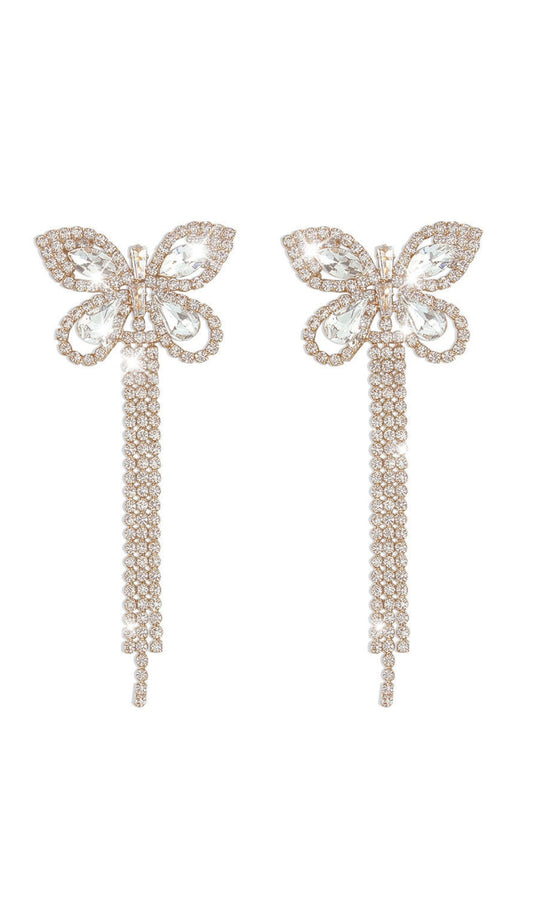 Sparkly Rhinestone Embellished Butterfly Tassel Earrings - Gold