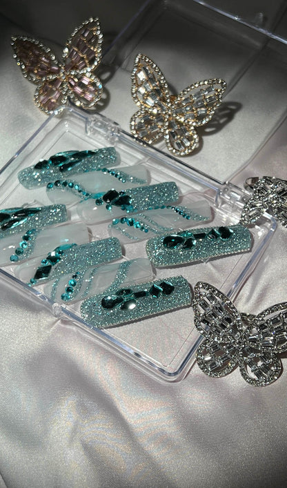 Green Crystal Coffin Glitter Handmade Press On Nails