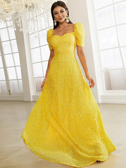 Light Yellow Puff Sleeve Sequin Maxi Dress