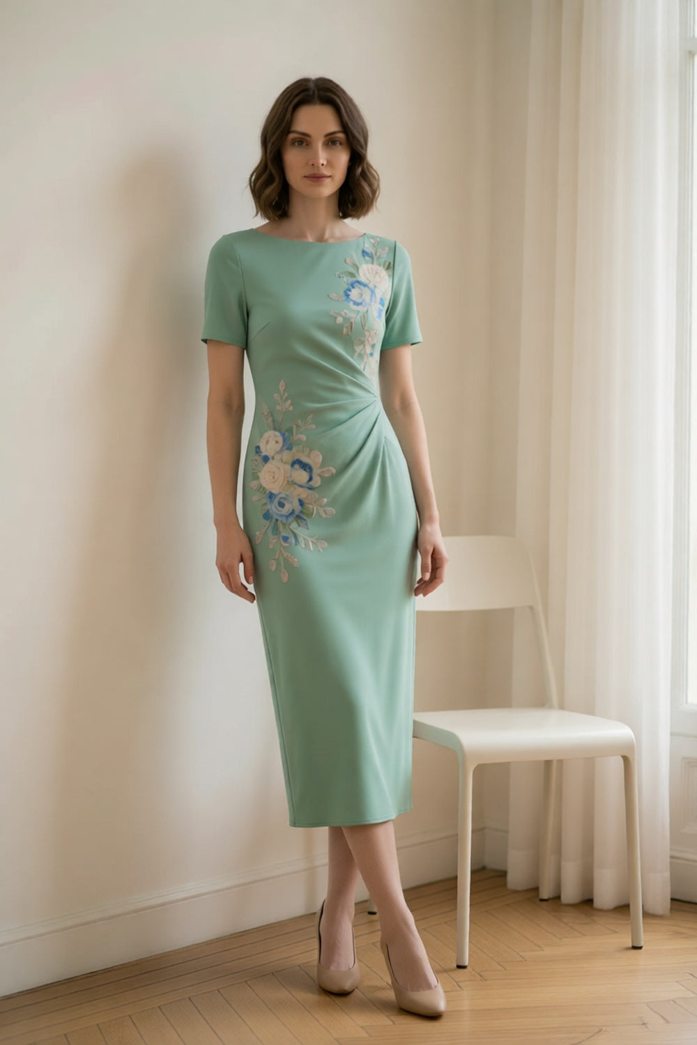 Mint Green Boat Neck Short Sleeve 3D Blue White Floral Embroidery Side Twist Ruched Slim Midi Dress