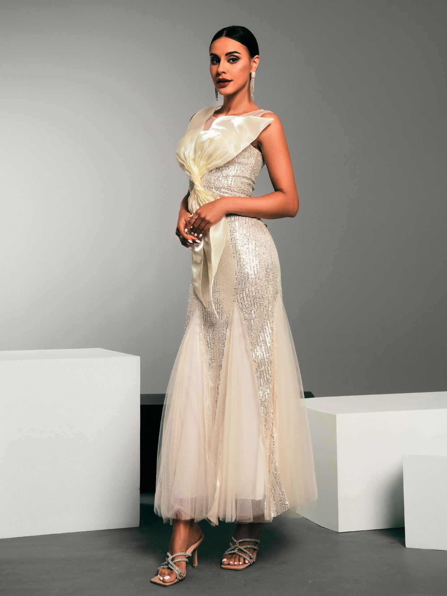 Bow Knot Sequin Panel Tulle Mermaid Dress