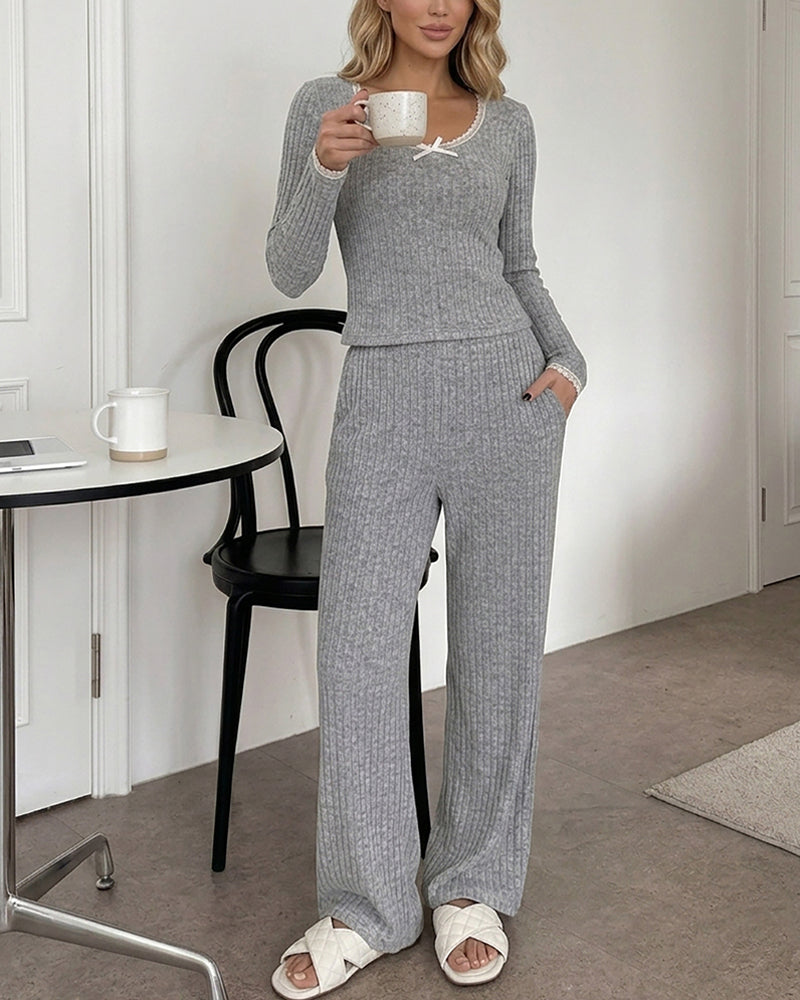 Lounge Sets Lace Trim Long Sleeve Top and High Waisted Pants Pajamas Sets with Pockets