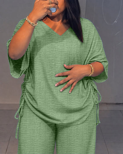Women's Textured 2 Piece Outfits V Neck Drawstring Ruched Top and Wide Leg Pants Set Casual Loose Loungewear
