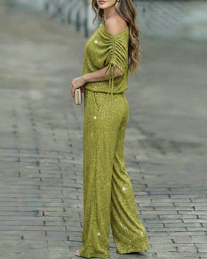 Women's Two-Piece Rhinestone Lounge Suit Skew Neck Top and Wide-Leg Pant Set Elegant Commuter Outfit with Pockets