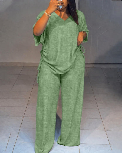 Women's Textured 2 Piece Outfits V Neck Drawstring Ruched Top and Wide Leg Pants Set Casual Loose Loungewear