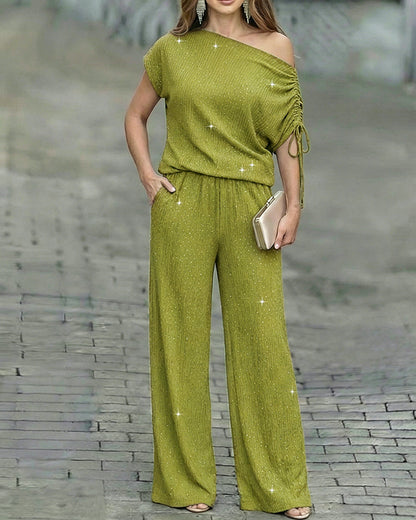 Women's Two-Piece Rhinestone Lounge Suit Skew Neck Top and Wide-Leg Pant Set Elegant Commuter Outfit with Pockets