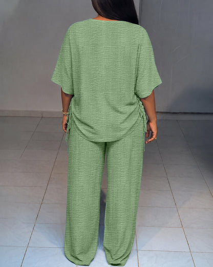 Women's Textured 2 Piece Outfits V Neck Drawstring Ruched Top and Wide Leg Pants Set Casual Loose Loungewear
