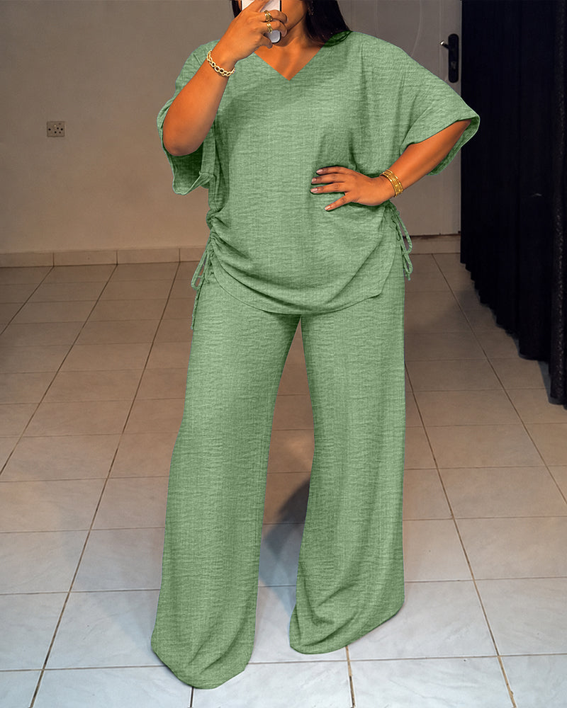 Women's Textured 2 Piece Outfits V Neck Drawstring Ruched Top and Wide Leg Pants Set Casual Loose Loungewear