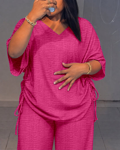 Women's Textured 2 Piece Outfits V Neck Drawstring Ruched Top and Wide Leg Pants Set Casual Loose Loungewear