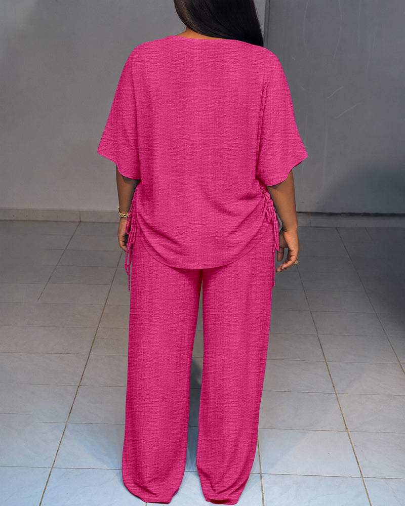 Women's Textured 2 Piece Outfits V Neck Drawstring Ruched Top and Wide Leg Pants Set Casual Loose Loungewear