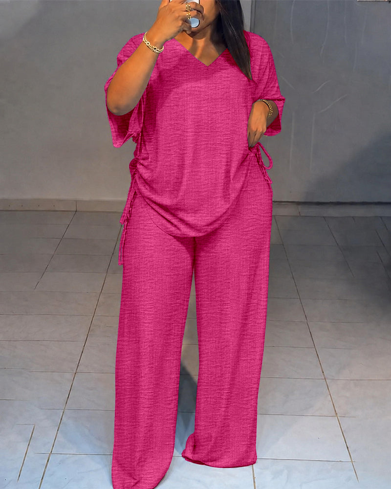Women's Textured 2 Piece Outfits V Neck Drawstring Ruched Top and Wide Leg Pants Set Casual Loose Loungewear