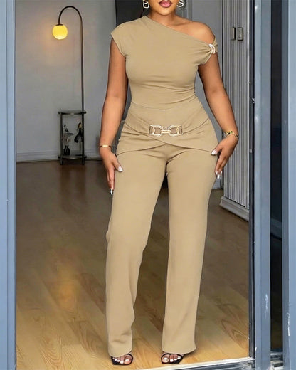 CHICME Women's 2 Piece Set Skew Neck Slim Fit Top and Elastic Waist Flare Pants with Metal Detail