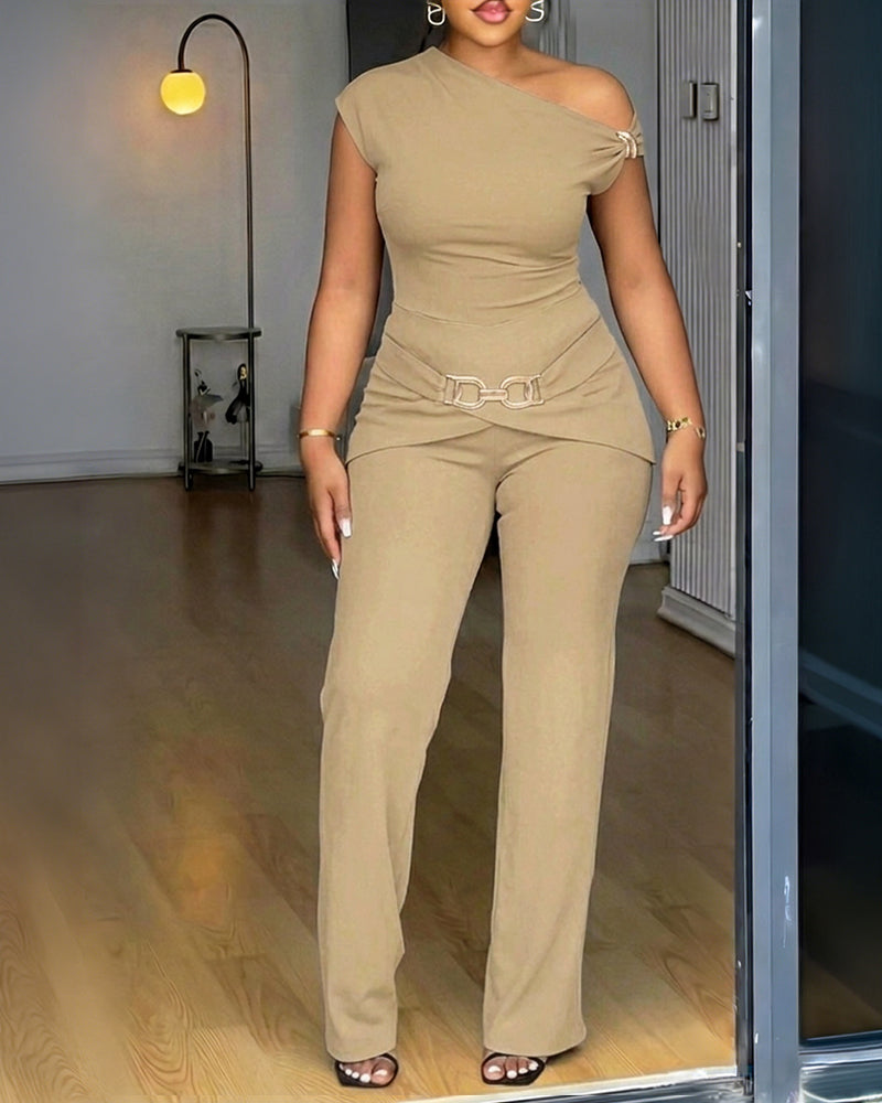 CHICME Women's 2 Piece Set Skew Neck Slim Fit Top and Elastic Waist Flare Pants with Metal Detail