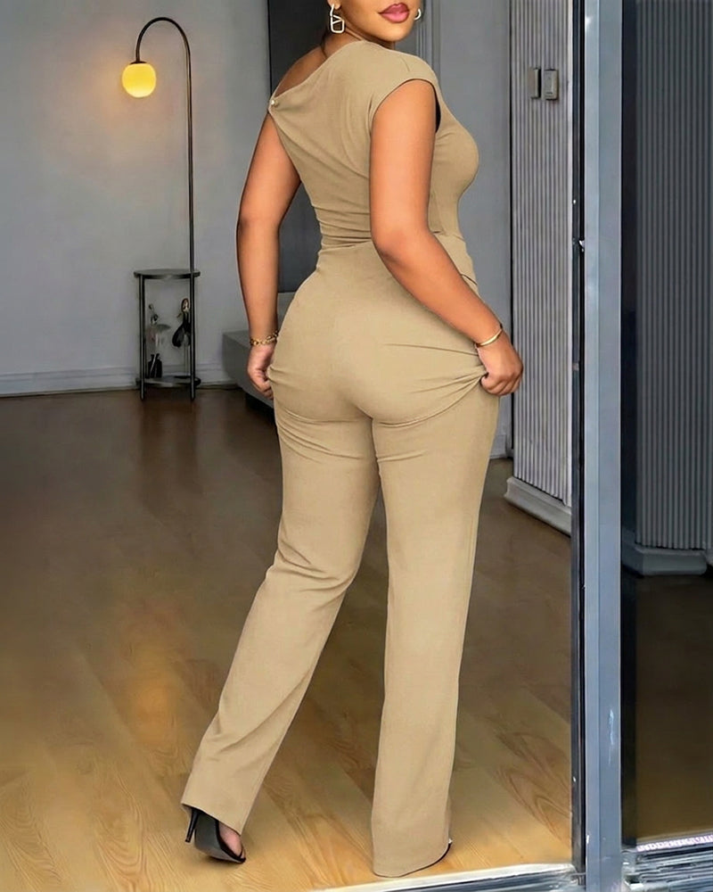 CHICME Women's 2 Piece Set Skew Neck Slim Fit Top and Elastic Waist Flare Pants with Metal Detail