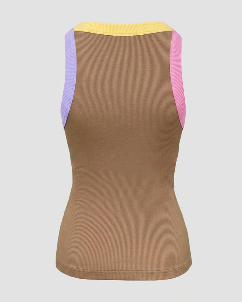 Ribbed Knit Sleeveless Scoop Neck Slim Fit Camisole Top with Built-in Bra