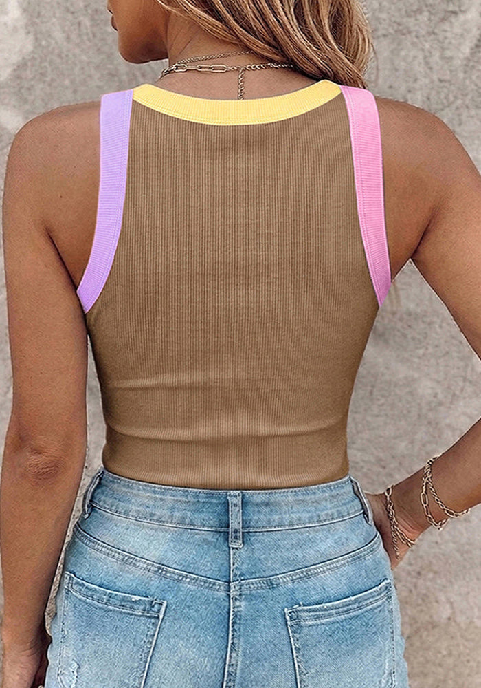 Ribbed Knit Sleeveless Scoop Neck Slim Fit Camisole Top with Built-in Bra