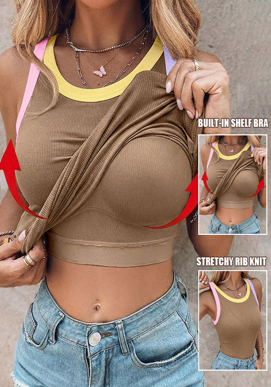 Ribbed Knit Sleeveless Scoop Neck Slim Fit Camisole Top with Built-in Bra