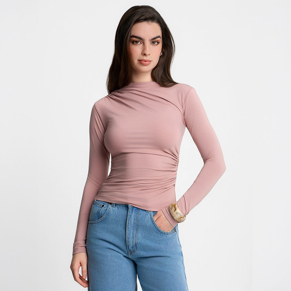 Miss Sculptural Long-Sleeved Top in Dusty Pink