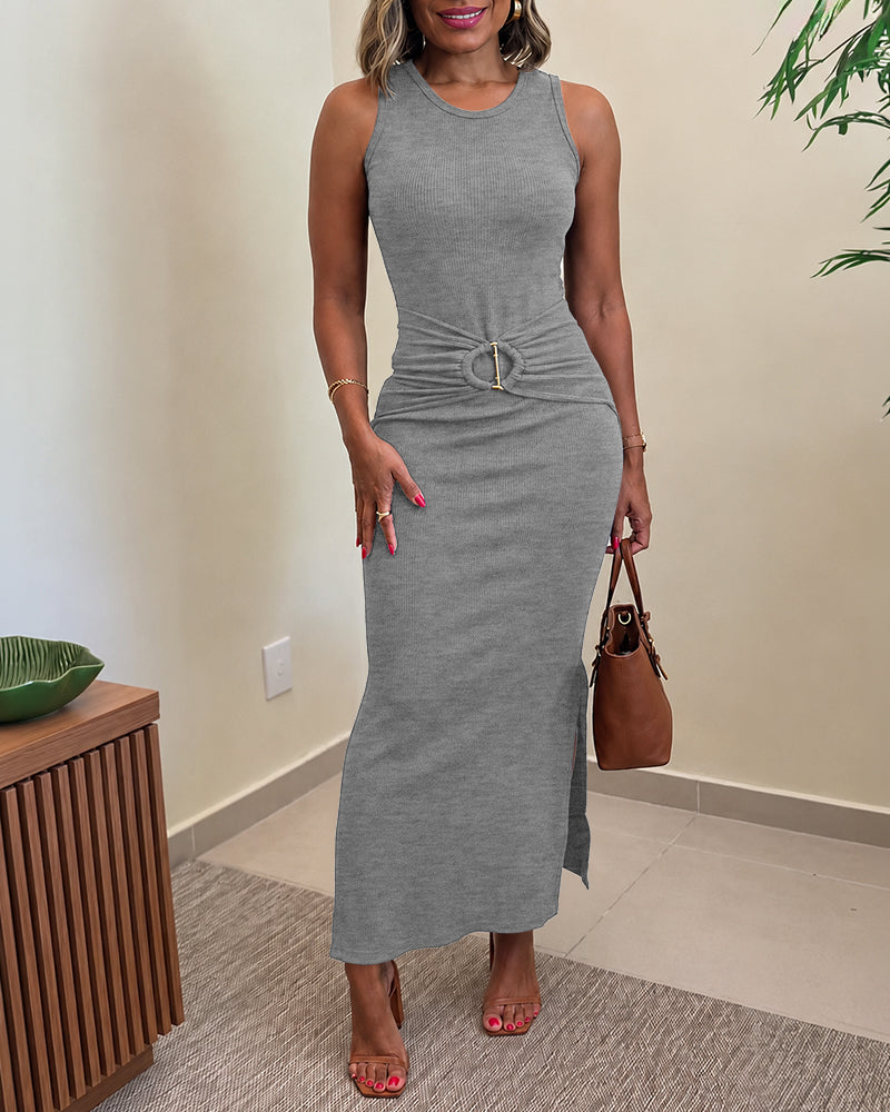 Women's Rib Knit Sleeveless Maxi Dress Ruched Gold Buckle High Waist Side Slit Bodycon Dress