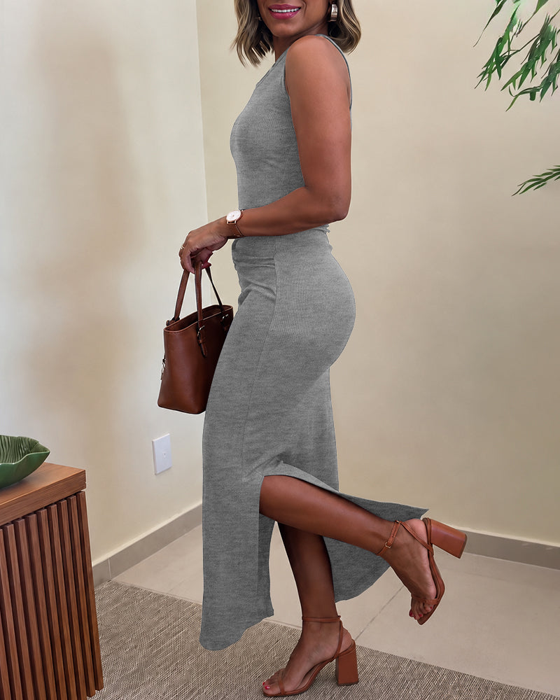 Women's Rib Knit Sleeveless Maxi Dress Ruched Gold Buckle High Waist Side Slit Bodycon Dress