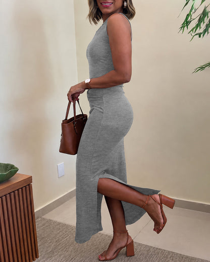 Women's Rib Knit Sleeveless Maxi Dress Ruched Gold Buckle High Waist Side Slit Bodycon Dress