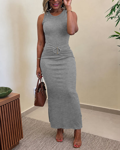 Women's Rib Knit Sleeveless Maxi Dress Ruched Gold Buckle High Waist Side Slit Bodycon Dress