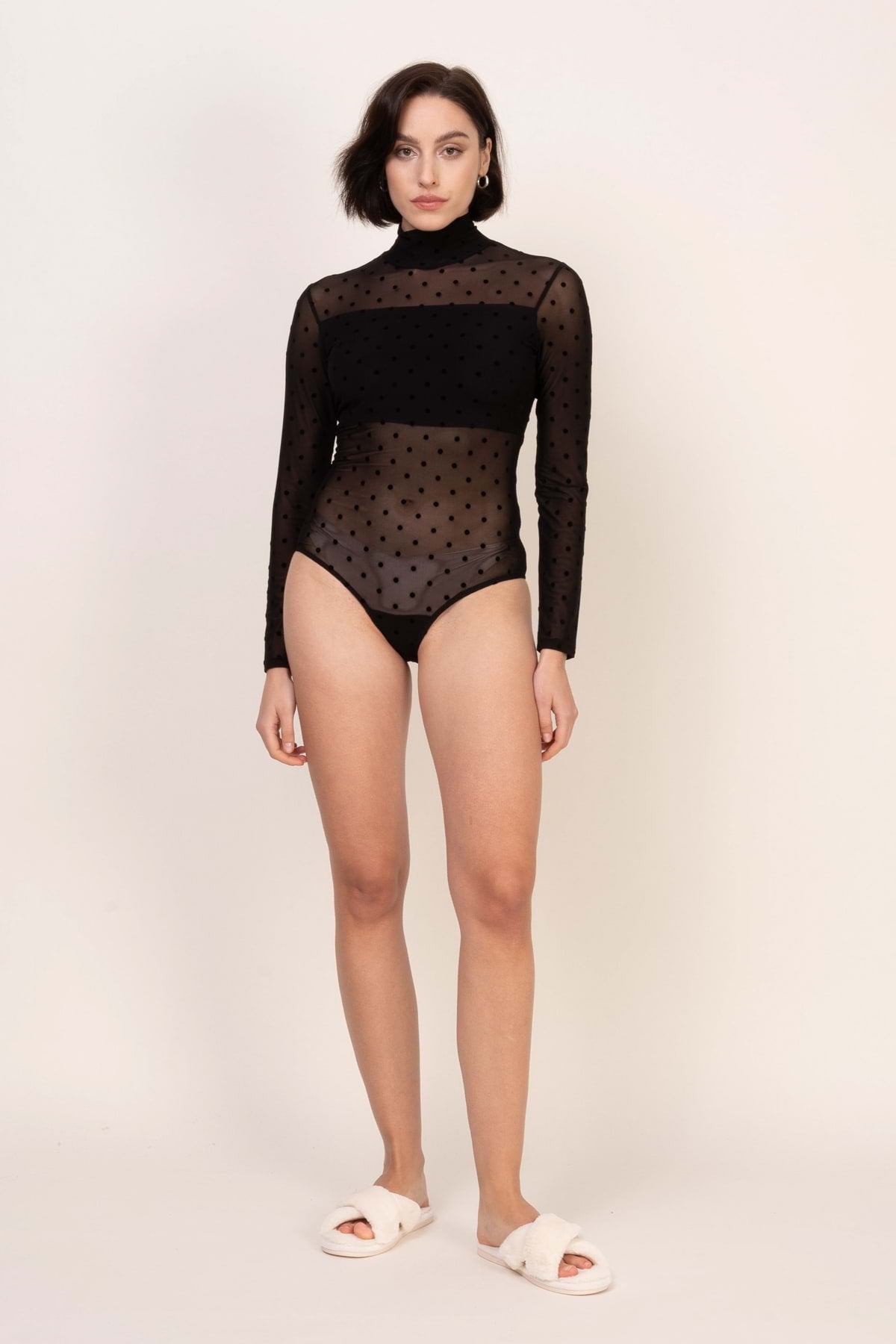 Loungewear turtleneck bodysuit with transparent tulle - black
