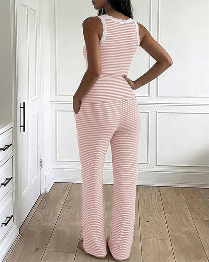 Women's 2 Piece Lace Trim Stripe Lounge Set Sleeveless Tank Top and Wide Leg Pants Set Rib Knit Pajamas Set with Pockets