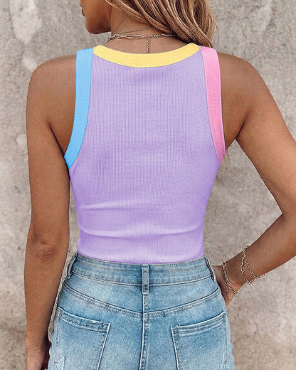 Ribbed Knit Sleeveless Scoop Neck Slim Fit Camisole Top with Built-in Bra