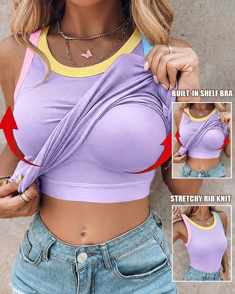 Ribbed Knit Sleeveless Scoop Neck Slim Fit Camisole Top with Built-in Bra