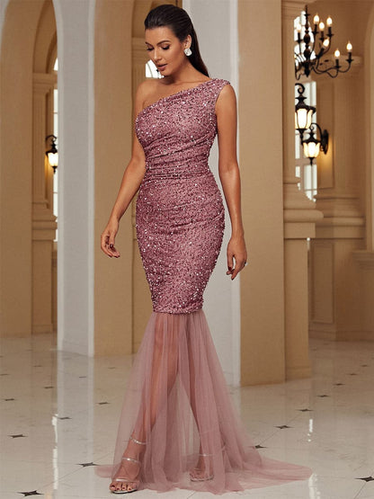 One Shoulder Mermaid Pink Sequin Prom Dress