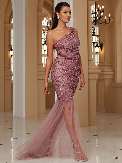 One Shoulder Mermaid Pink Sequin Prom Dress