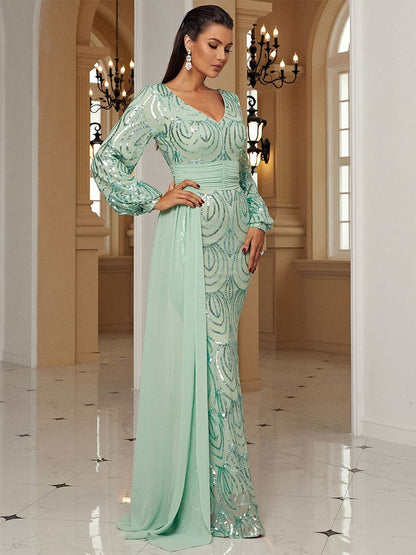 Formal Draping Sequin Long Sleeve Dress