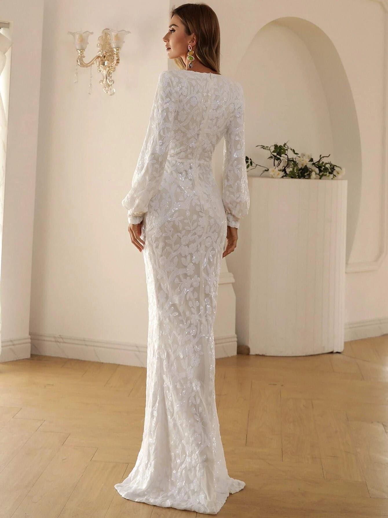 V-neck Split Sequin Wedding Guest Dress