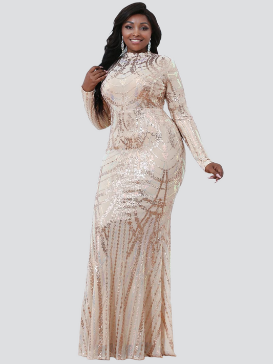 Plus Size Cutout Long Sleeve Sequin Dress