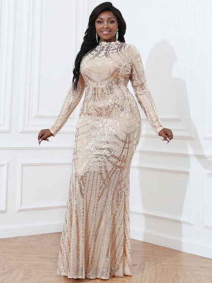 Plus Size Cutout Long Sleeve Sequin Dress