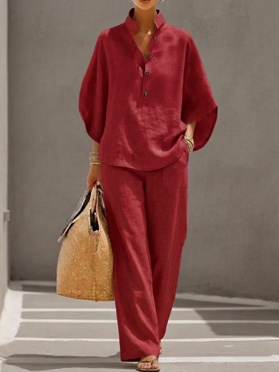 Women’s Batwing Sleeve Linen Cotton Two-Piece Set – Casual Shirt & Wide Leg Pants Outfit